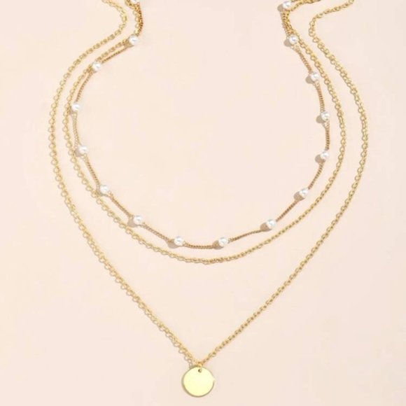 Yellow Gold Plated Disc Faux Pearl Necklace - 2 pieces - Picture 3 of 6